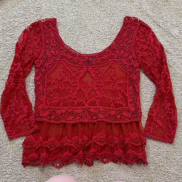Express Tops - Express Vibrant Red Lace Long Sleeve Top | XS